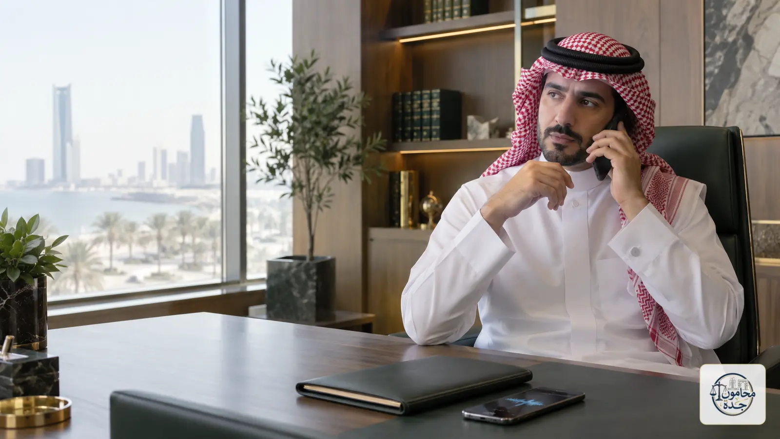 رجل سعودي يجري مكالمة هاتفية في مكتب قانوني توضح مسألة تسجيل المكالمات دون علم الطرف الآخر