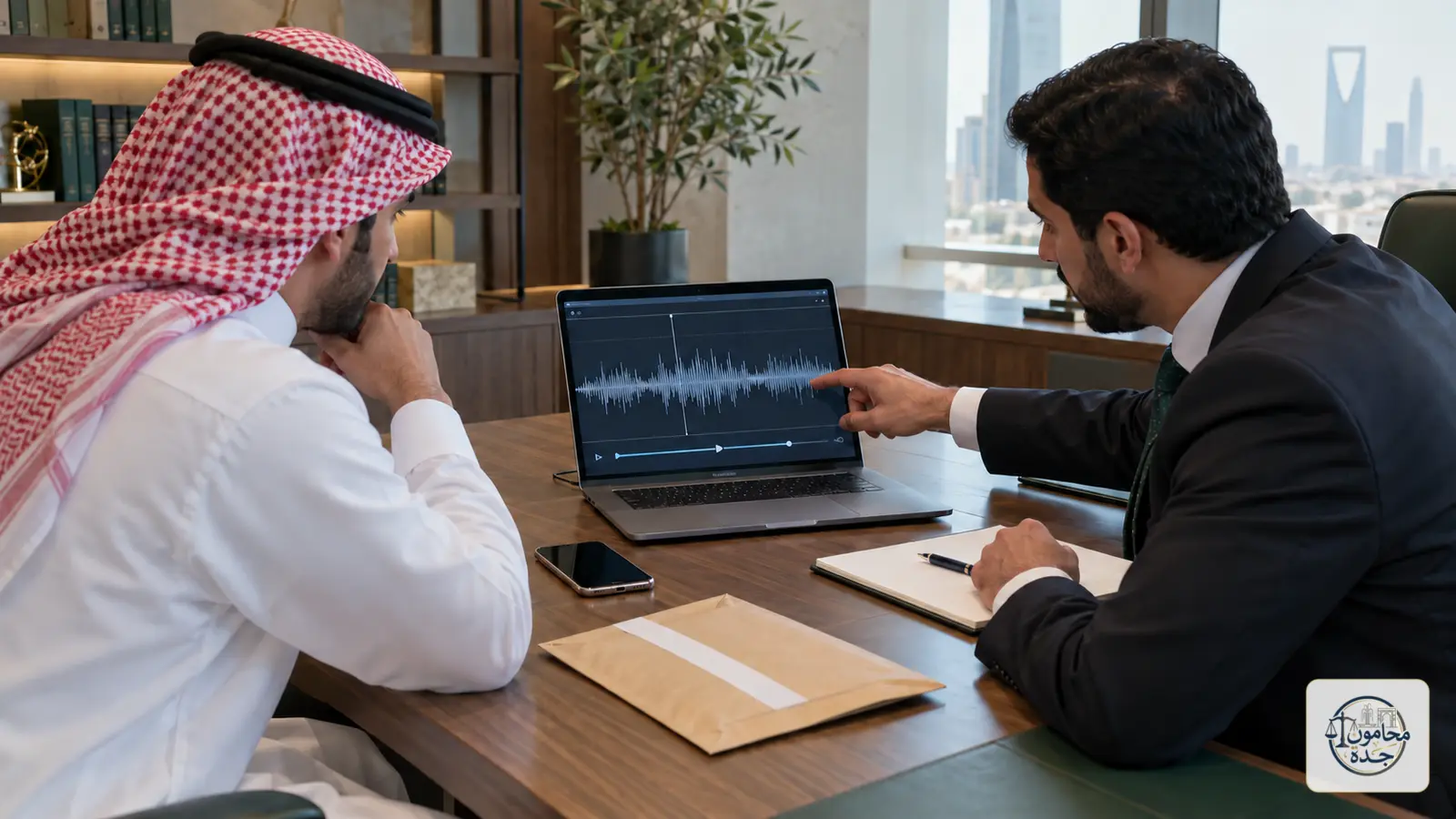محامٍ سعودي وموكل يراجعان تسجيلًا صوتيًا محفوظًا كدليل رقمي