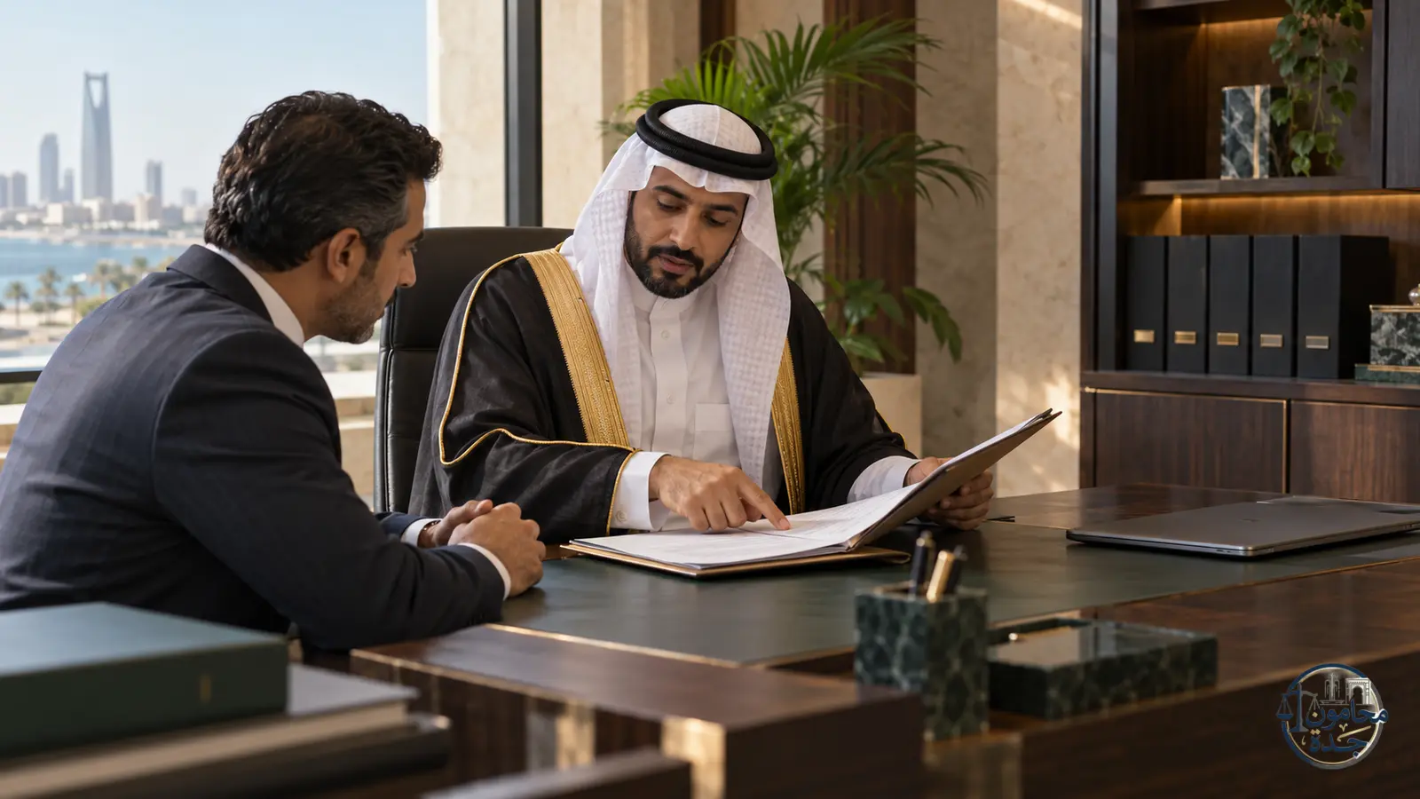 محامٍ سعودي يراجع مستندًا محددًا في طلب إلزام الخصم بتقديمه