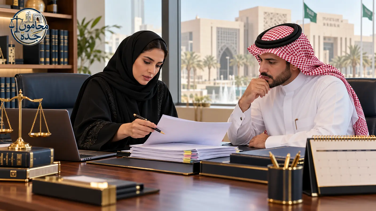 الاعتراض على تقرير الخبير في الدعوى السعودية: الميعاد والطريقة وأثره 1 محامية سعودية تراجع تقرير خبير قضائي مع موكل في مكتب قانوني بجدة