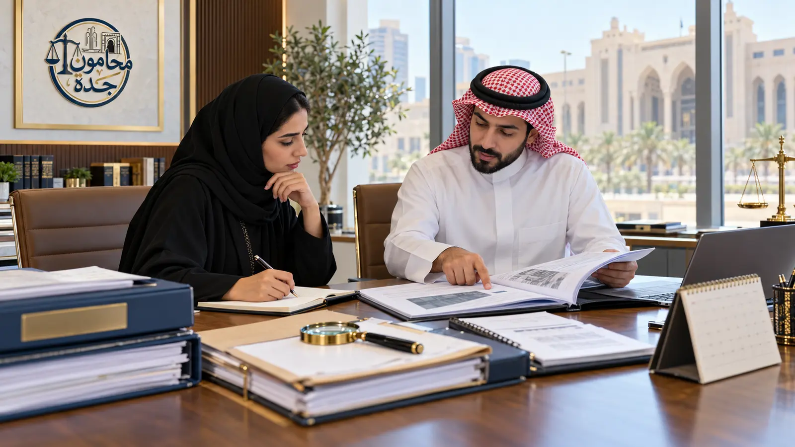 الاعتراض على تقرير الخبير في الدعوى السعودية: الميعاد والطريقة وأثره 2 موكل ومحامٍ سعوديان يفحصان تقرير خبير ومستندات الدعوى في جدة
