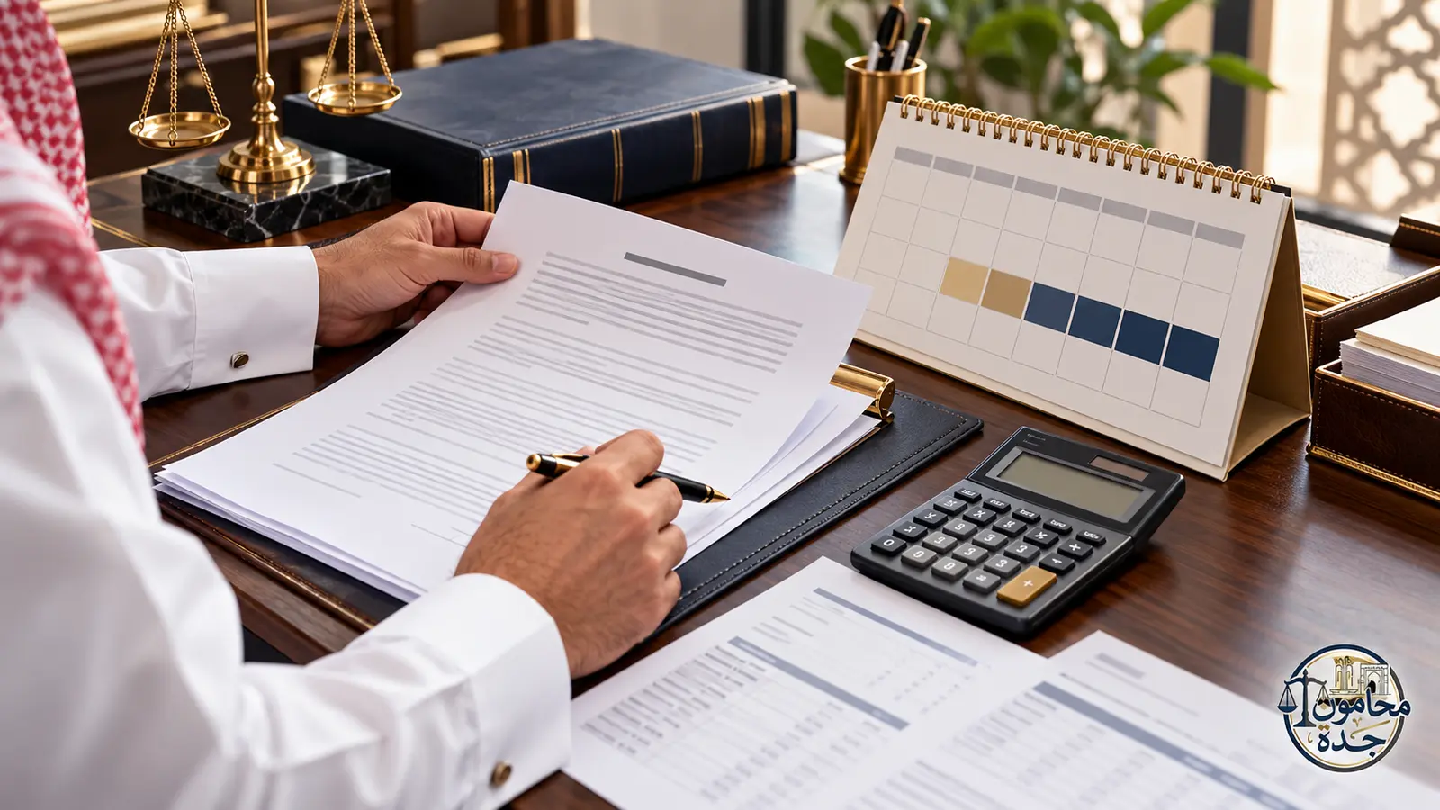 تعويض إنهاء عقد العمل المحدد المدة قبل انتهائه في السعودية: الحساب والإثبات 2 عقد عمل وتقويم وآلة حاسبة توضح حساب أجر المدة المتبقية في العقد المحدد المدة
