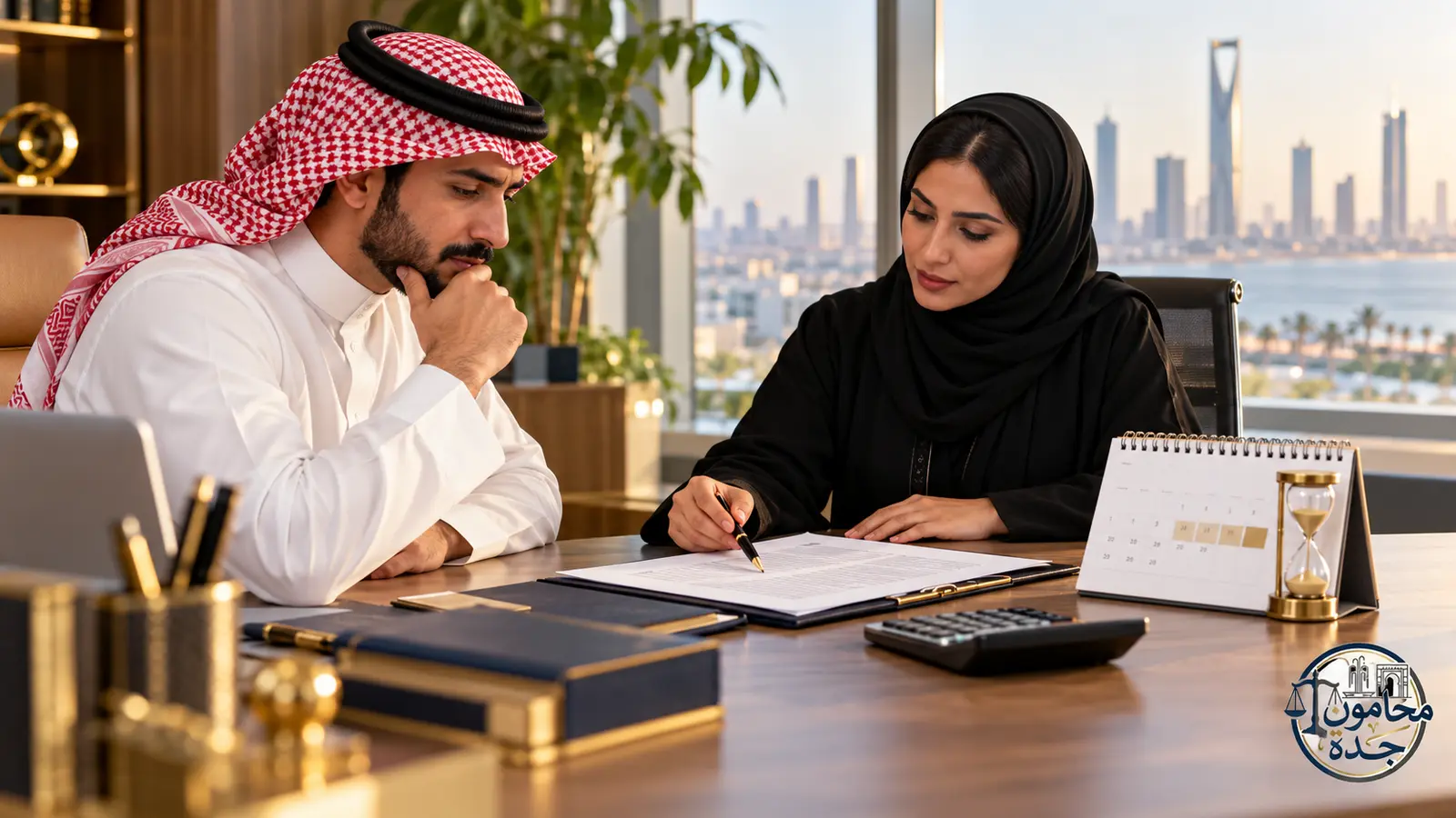 تعويض إنهاء عقد العمل المحدد المدة قبل انتهائه في السعودية: الحساب والإثبات 1 عامل سعودي يراجع عقد عمل محدد المدة مع مستشارة قانونية لحساب تعويض الإنهاء المبكر