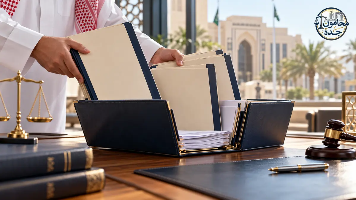 ملفات أطراف دعوى قضائية يجري جمعها في ملف قانوني داخل مكتب سعودي