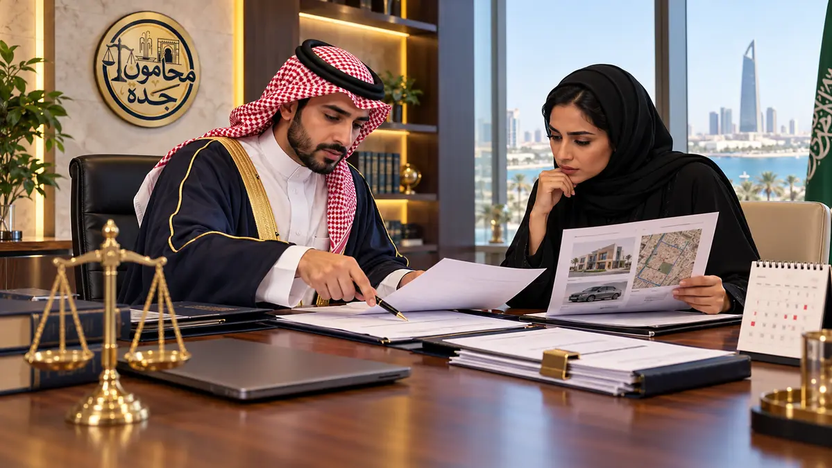 محام وموكلة سعوديان يراجعان مستندات الحجز التحفظي على عقار وأموال المدين
