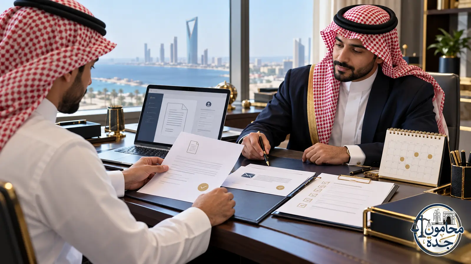 رفض صاحب العمل قبول الاستقالة في السعودية: متى تنفذ وما مدة التأجيل؟ 2 موظف سعودي يراجع مستندات الاستقالة ومواعيد الرد مع مستشار قانوني