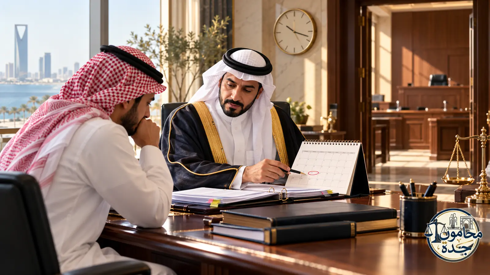 شطب الدعوى لعدم حضور المدعي في السعودية: طلب السير ومتى تعد كأن لم تكن 1 محامٍ سعودي يراجع مع موكله موعد جلسة دعوى لتجنب شطبها بسبب الغياب