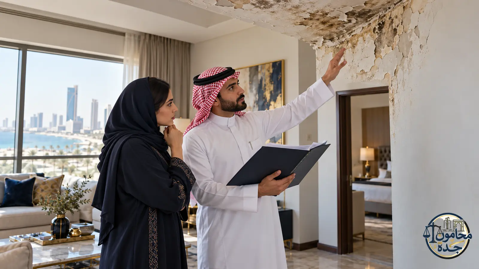 مستأجرة ومحامٍ يعاينان أضرار الرطوبة التي تجعل العين المؤجرة غير صالحة للانتفاع